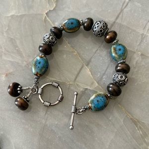 Sterling Silver with Cultured Chocolate Pearls and Glass Beaded Toggle Bracelet